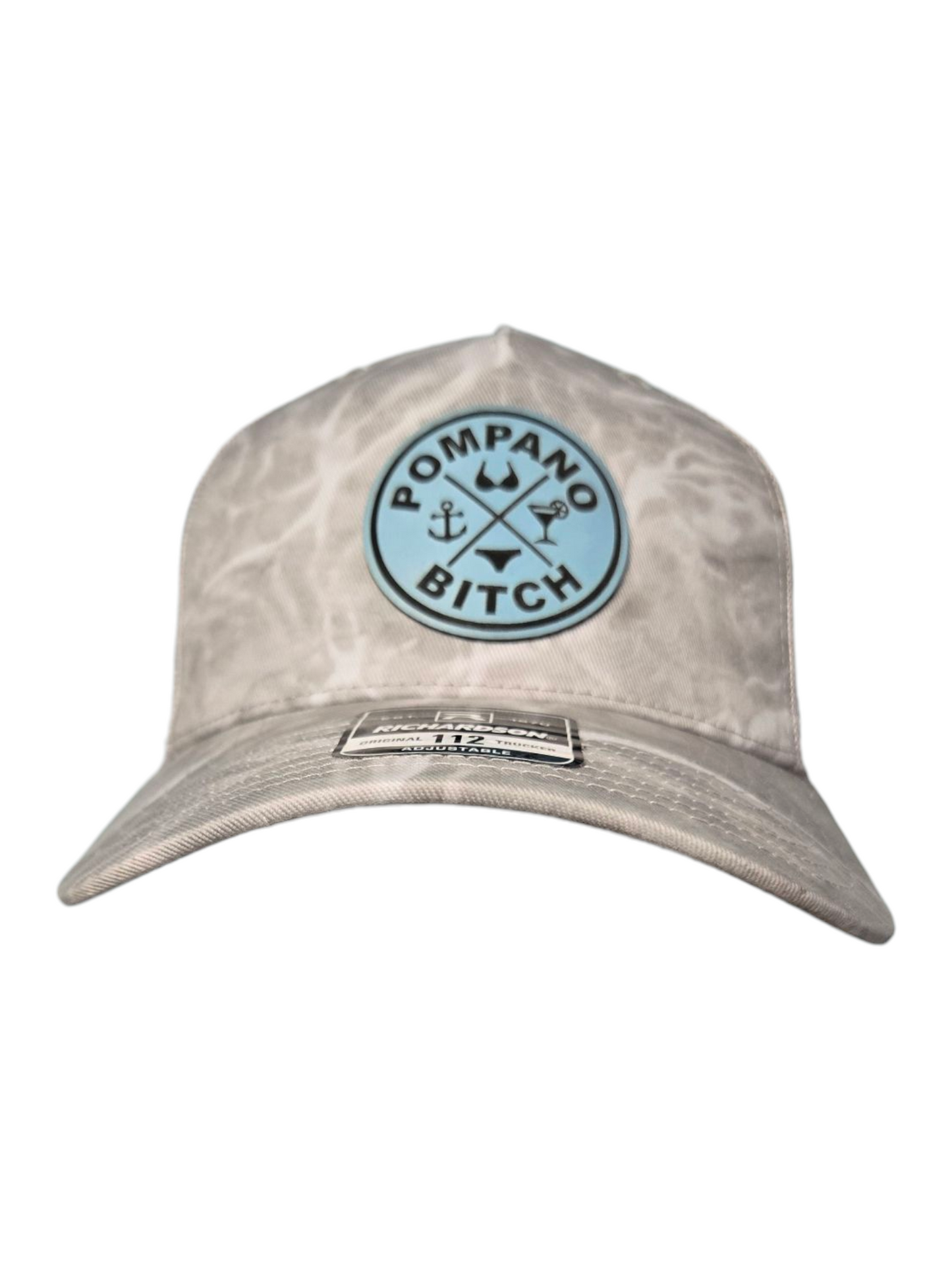 "Bikini" trucker hat, Light Grey mesh back with Grey Duck camo front, Light Blue leatherette patch