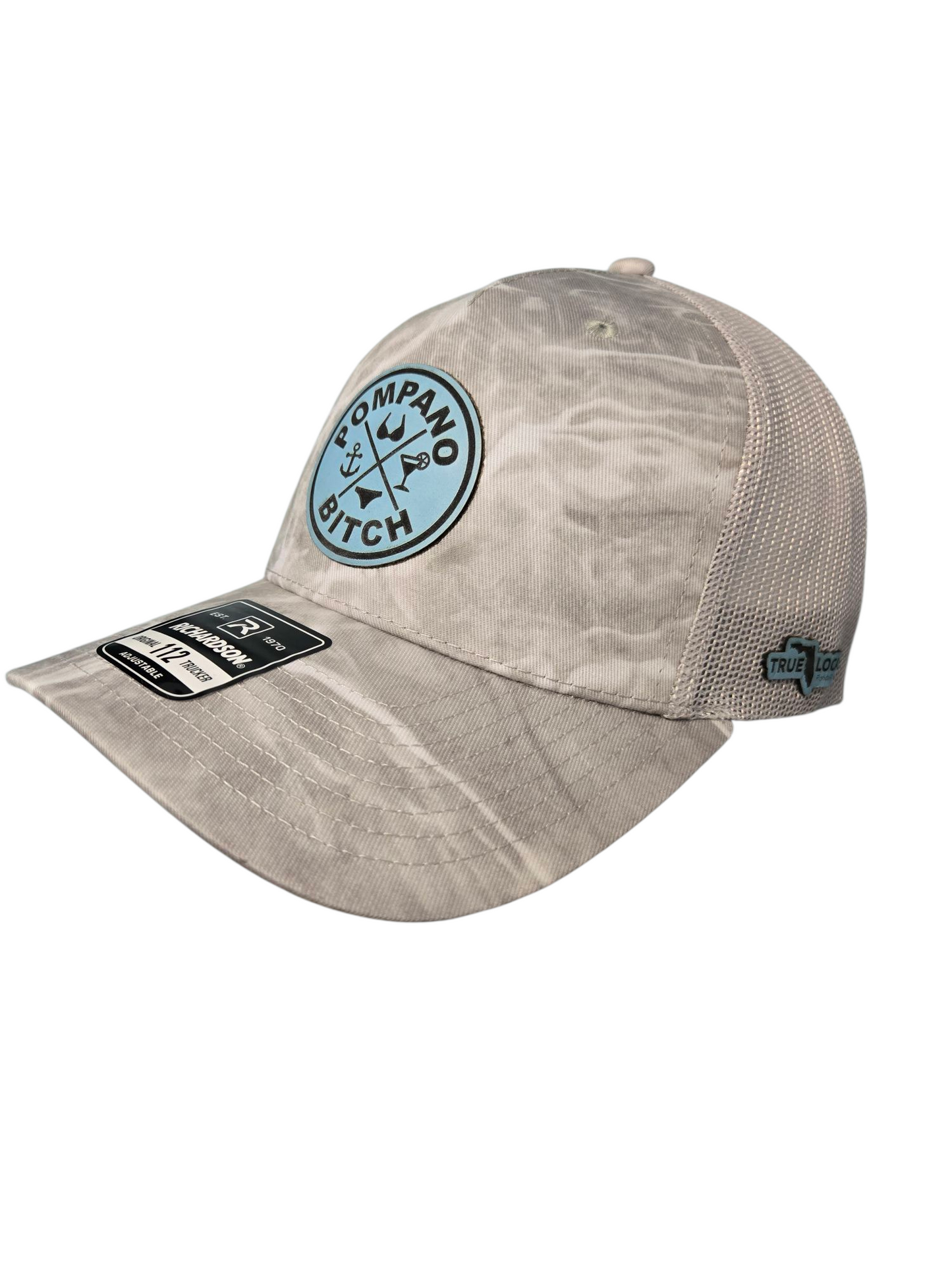 "Bikini" trucker hat, Light Grey mesh back with Grey Duck camo front, Light Blue leatherette patch