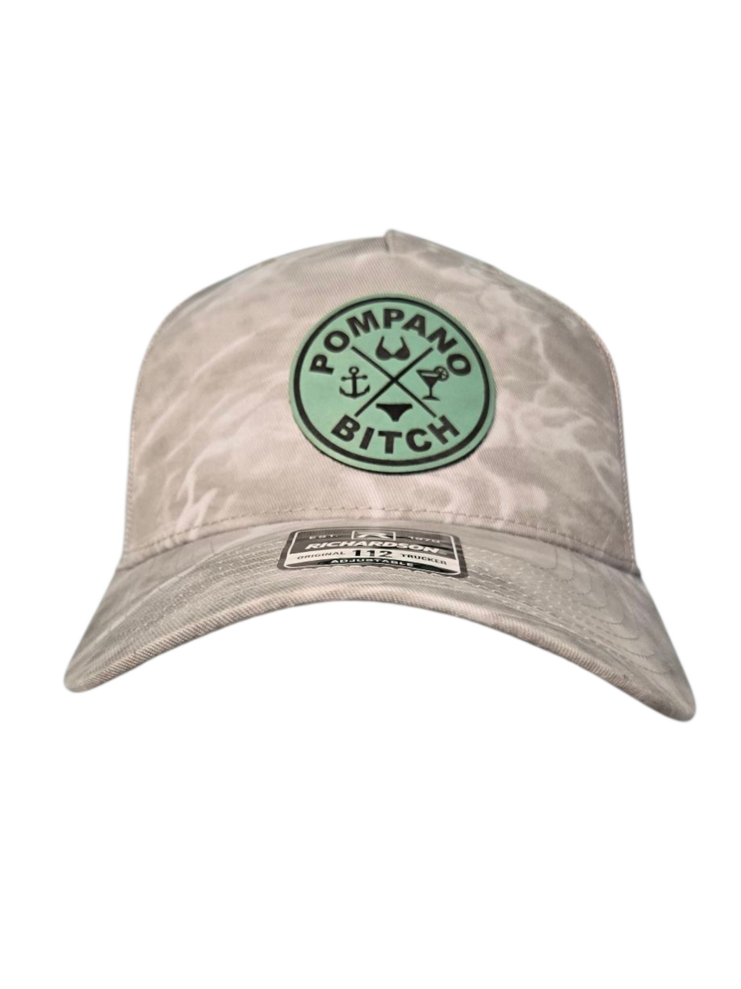 "Bikini" trucker hat, Light Grey mesh back with Grey Duck Camo front, Sea Foam Green leatherette patch