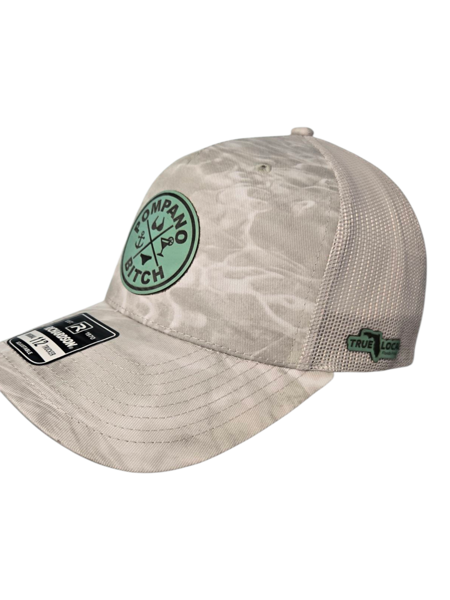 "Bikini" trucker hat, Light Grey mesh back with Grey Duck Camo front, Sea Foam Green leatherette patch
