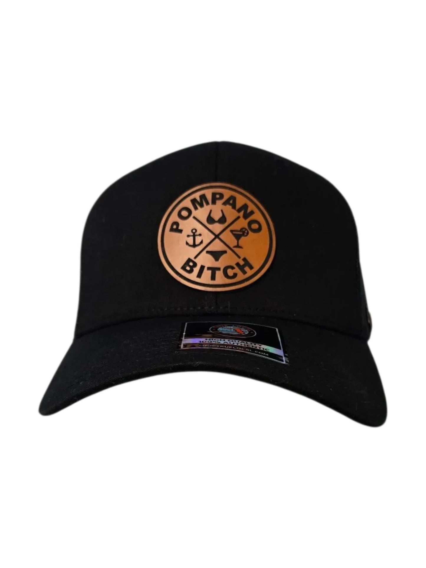 Black Pompano Beach hat with leather patch, anchor, bikini, and cocktail design for Florida pride