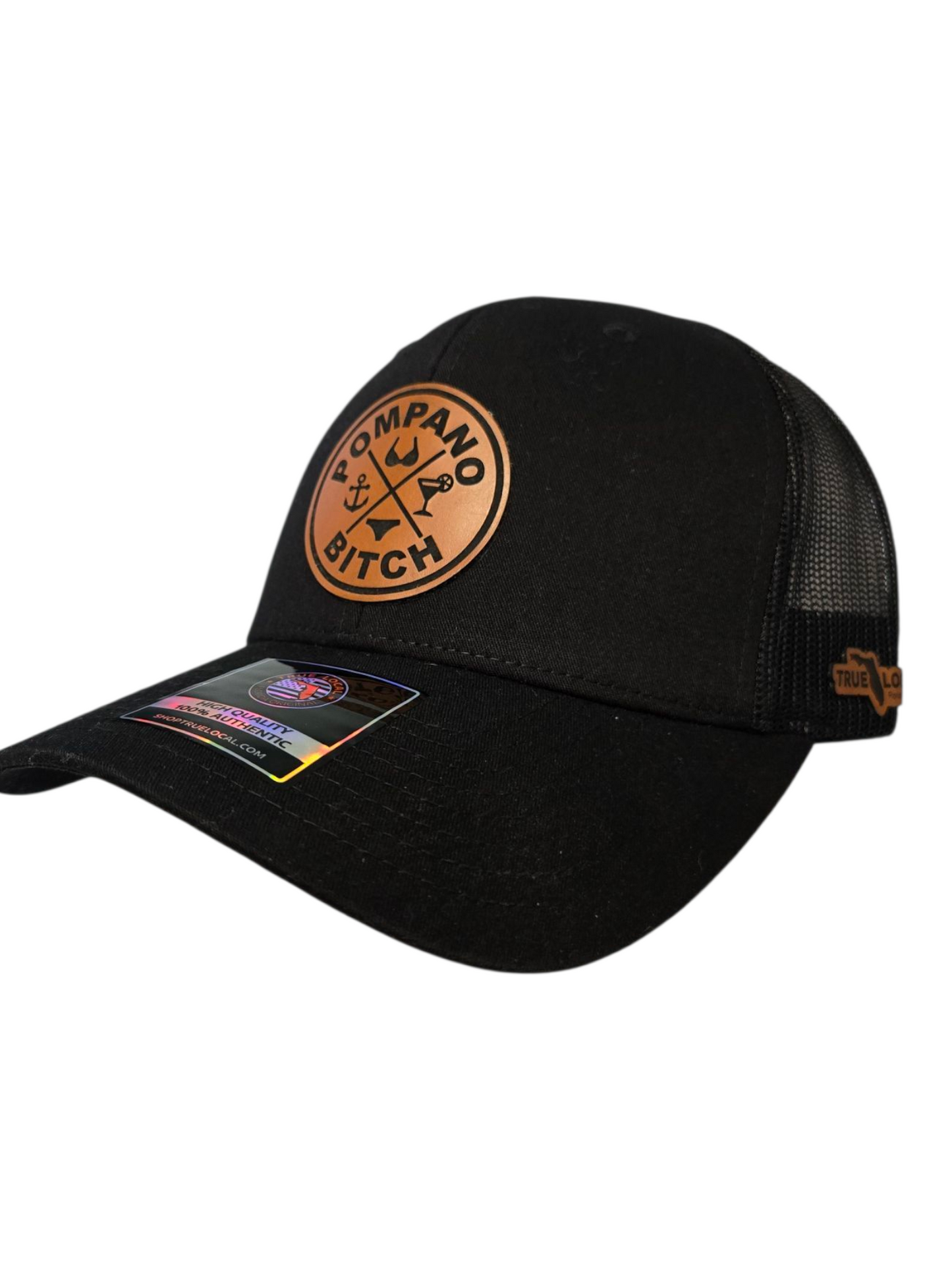 "Bikini" trucker hat, Black mesh back with Black front, Tan leatherette patch