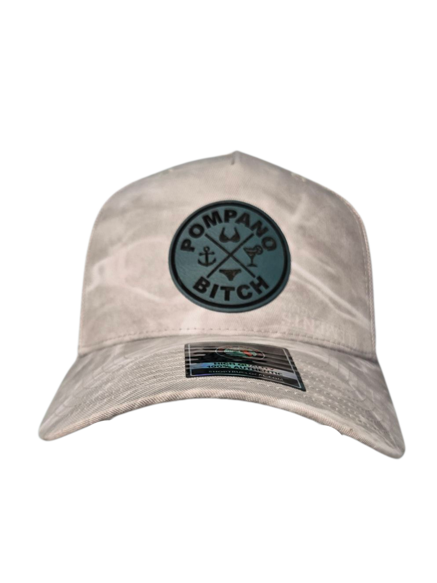 "Bikini" trucker hat, Light Grey mesh back with Grey Duck Camo front, Dark Sea Foam Green leatherette patch