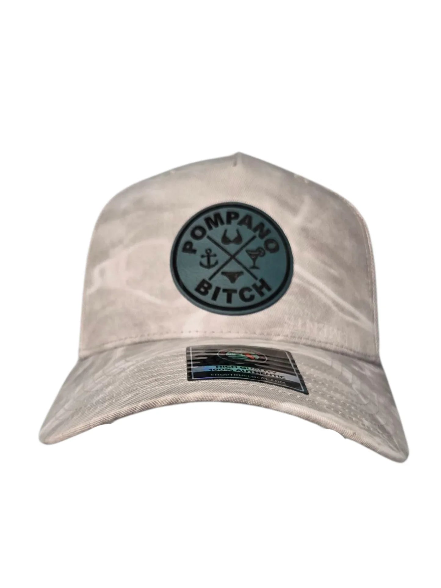 Pompano Bitch camo baseball cap with anchor and drink design, Florida local pride apparel