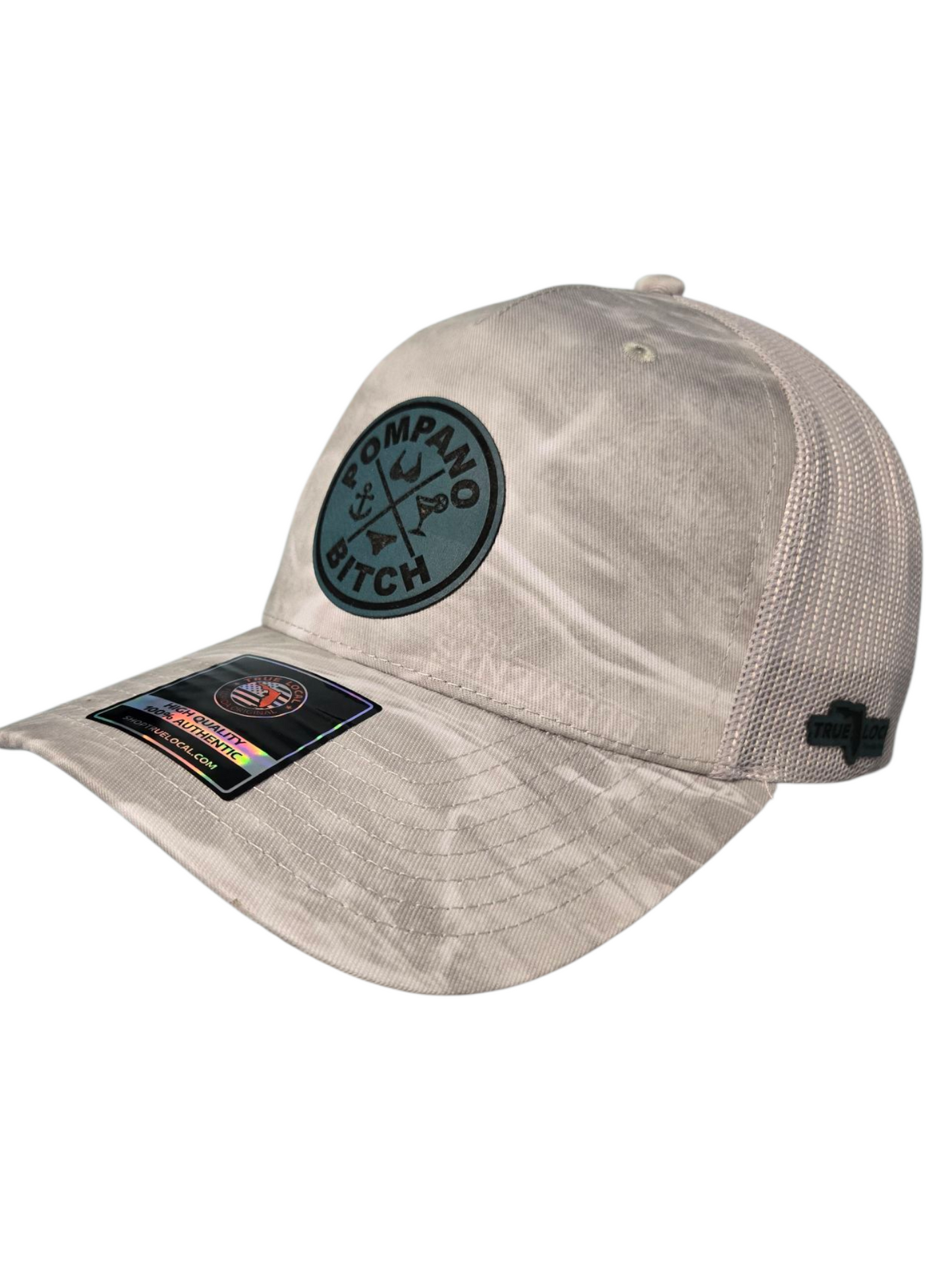 "Bikini" trucker hat, Light Grey mesh back with Grey Duck Camo front, Dark Sea Foam Green leatherette patch