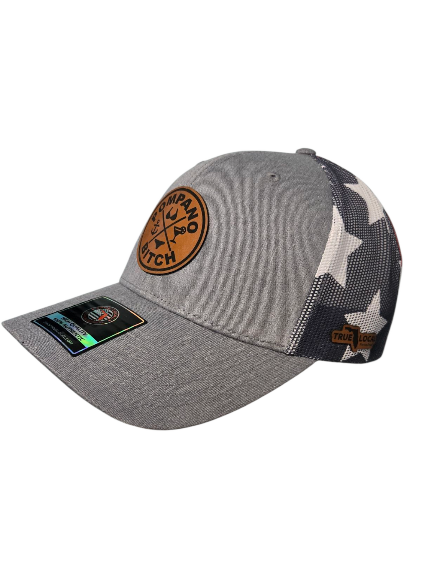 "Bikini" trucker hat, American Flag mesh back with Grey front, Tan leatherette patch