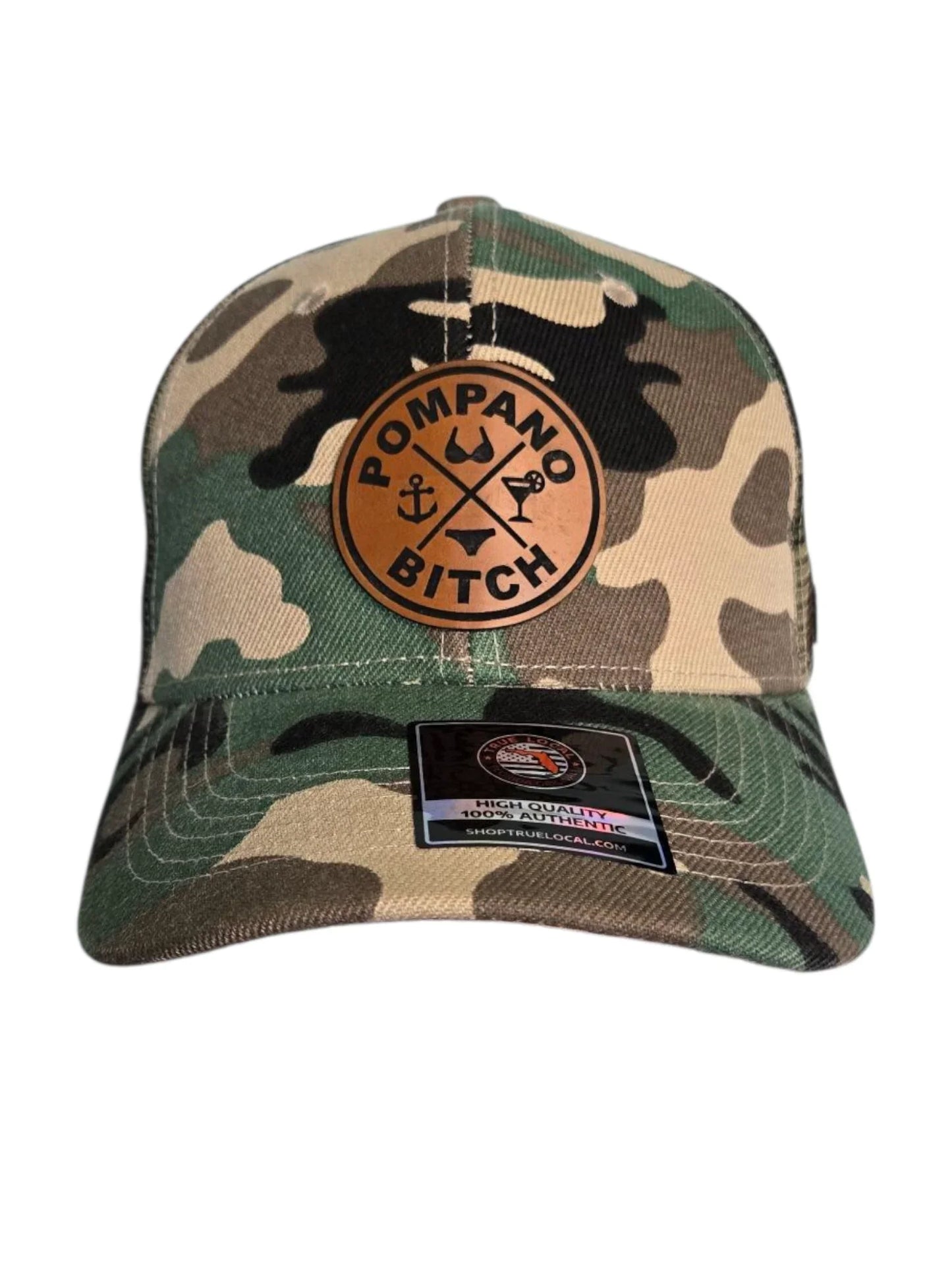 Camouflage trucker hat with 'Pompano Bitch' patch, Florida-themed design, bold local apparel