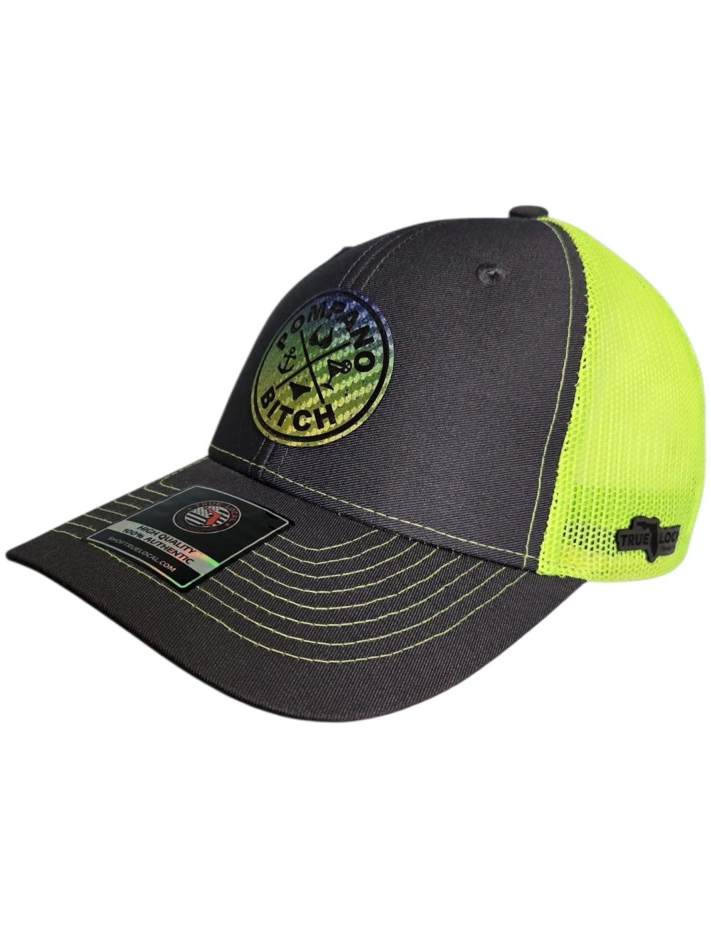 Pompano Bitch trucker hat with neon yellow mesh, bold holographic patch, and Florida local pride design