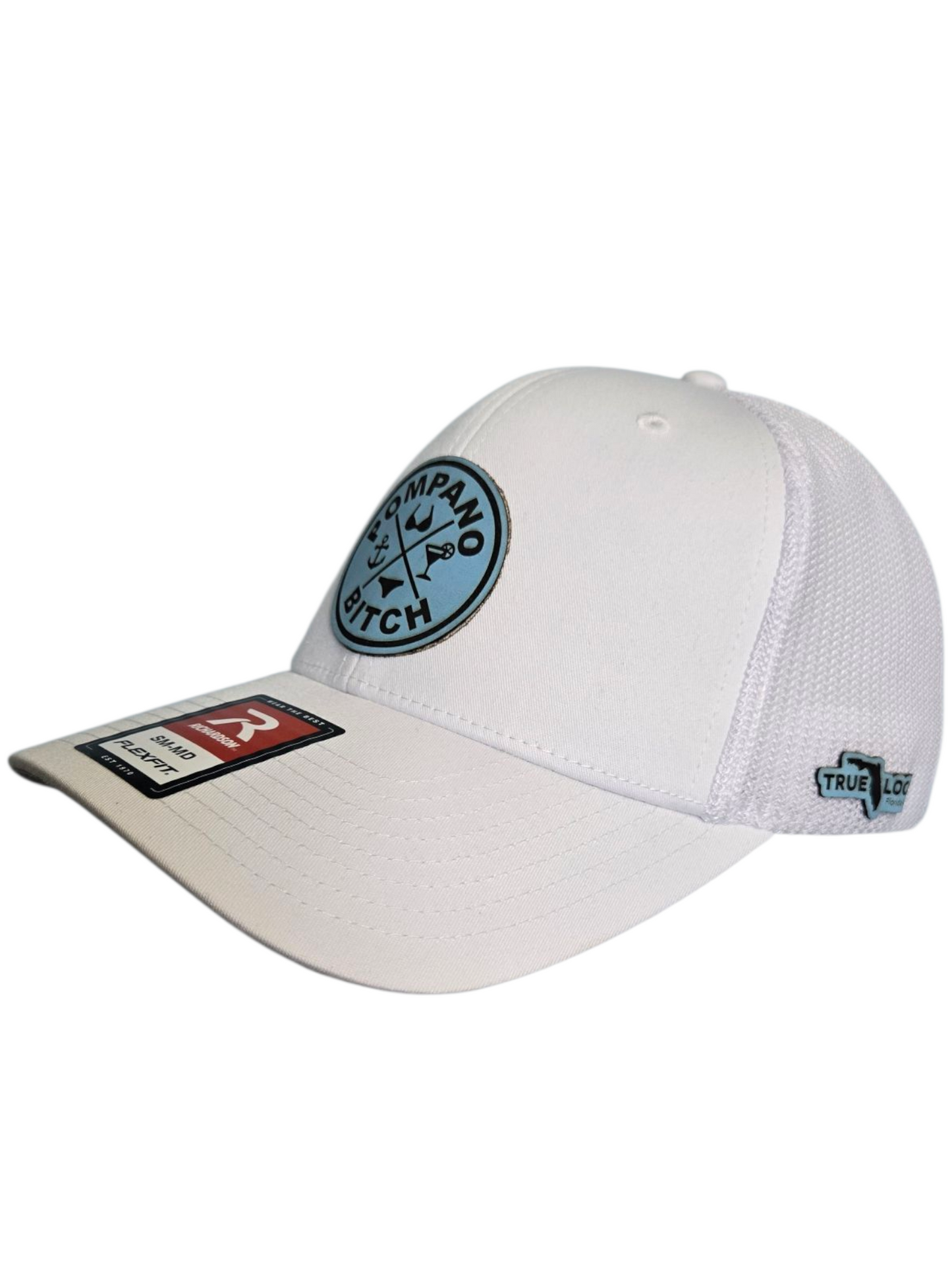 "Bikini" trucker hat, White mesh back with White front, Light Blue leatherette patch