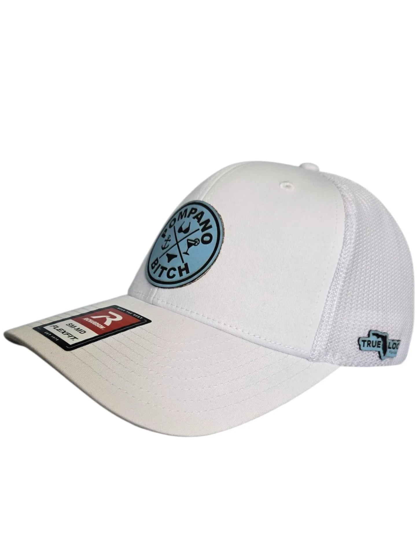 White Pompano Bitch hat with blue patch, Florida local pride apparel, True Local logo side tag