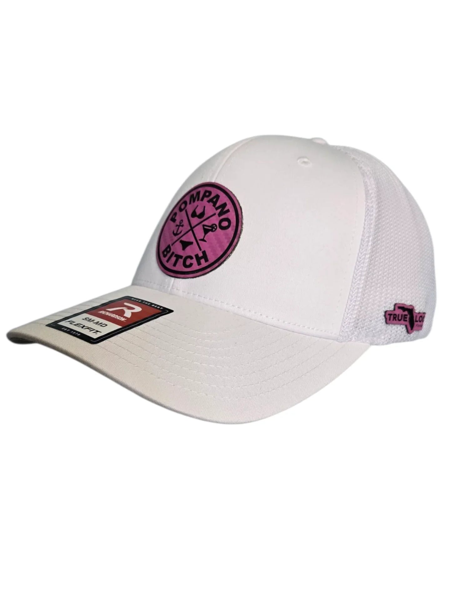 White Pompano Bitch hat with pink logo, Florida-themed apparel for local pride