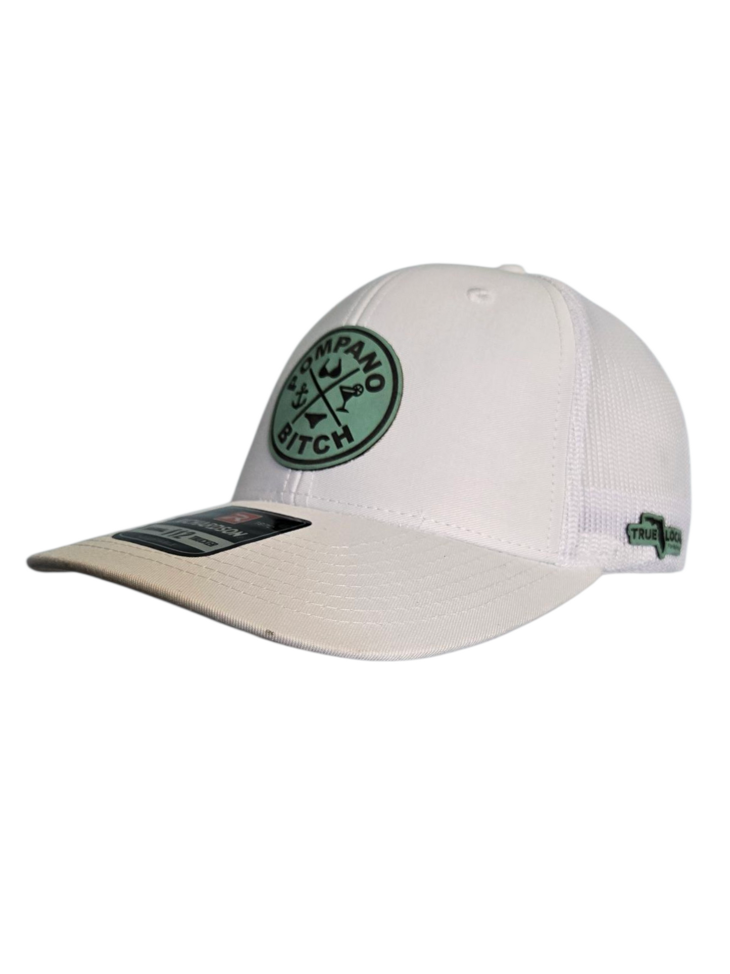 "Bikini" trucker hat, White mesh back with White front, Sea Foam Green leatherette patch