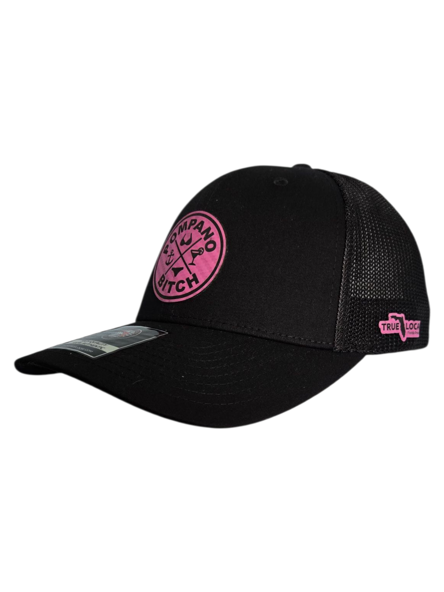"Bikini" trucker hat, Black mesh back with Black front, Pink leatherette patch