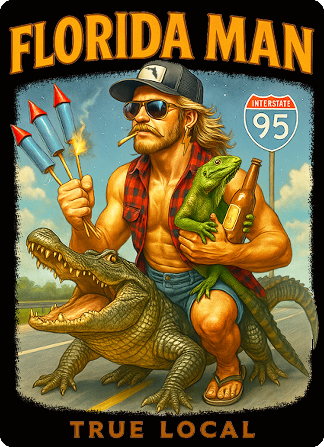 Florida Man UV Sticker Black Background - Riding Alligator on I-95 - True Local