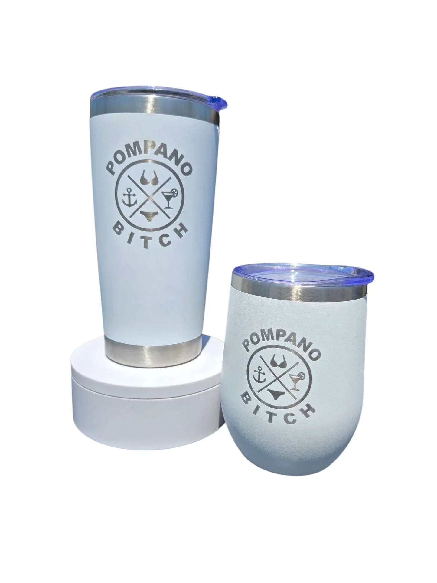 Pompano Bitch insulated tumblers with anchor, bikini, and cocktail design — Florida beach vibes