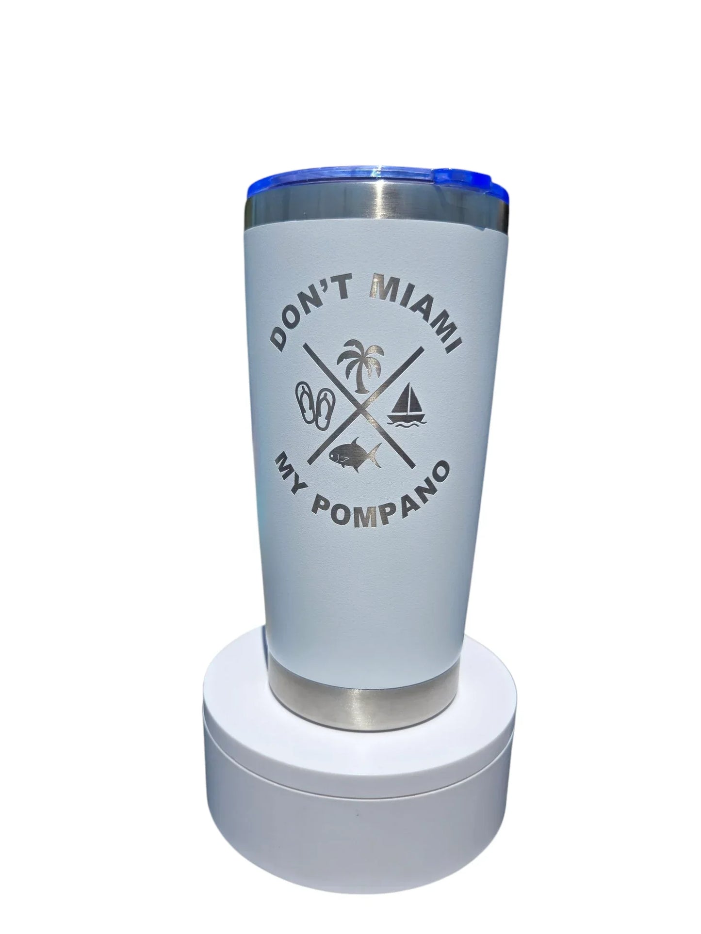 Light blue tumbler with 'Don't Miami My Pompano' text and palm, fish, flip-flop, sailboat icons, blue lid