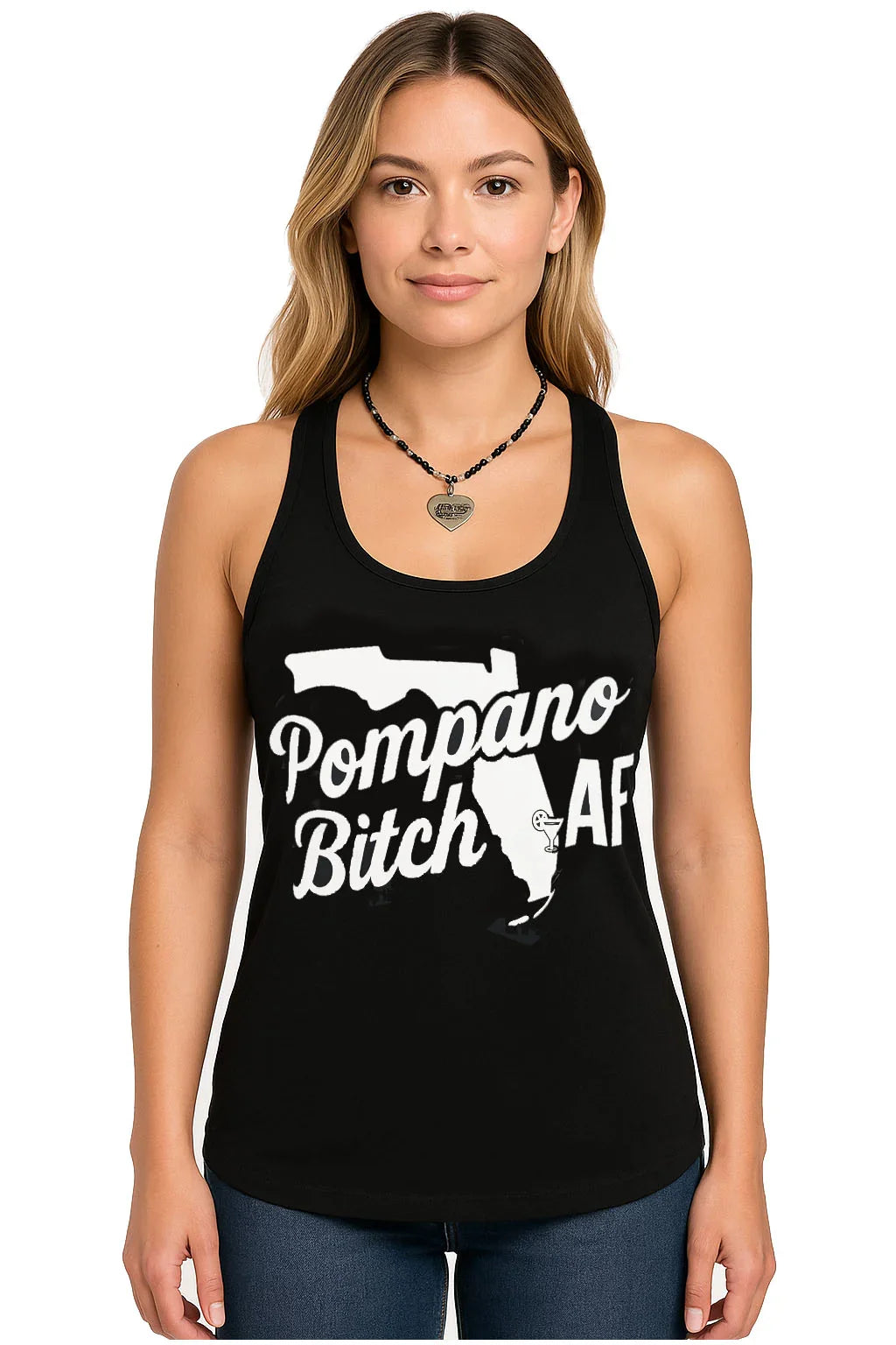 Woman wearing black tank top with 'Pompano Bitch AF' and Florida outline graphic, celebrating local Florida pride.