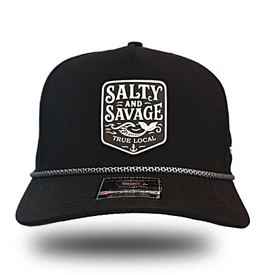 Black Salty and Savage True Local hat with whale graphic, coastal Florida apparel