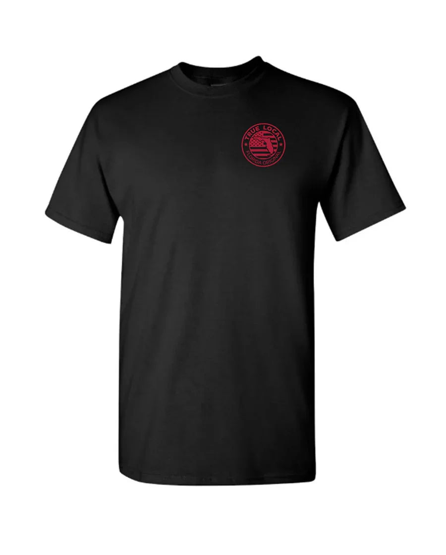 Black t-shirt with red True Local Florida Original logo, celebrating local pride in Pompano Beach.