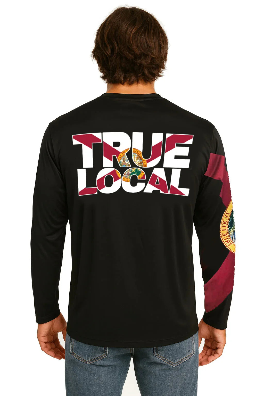 Black long sleeve shirt with 'TRUE LOCAL' graphic and Florida flag design on back and sleeve