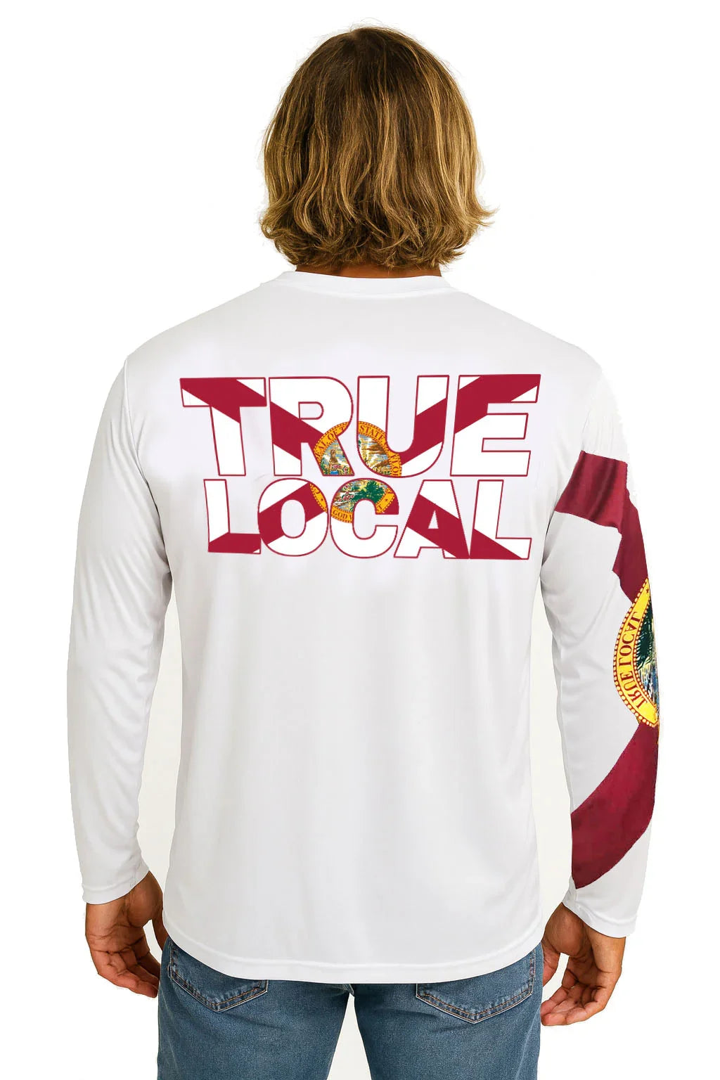 White long sleeve shirt with 'TRUE LOCAL' graphic and Florida flag design, back view