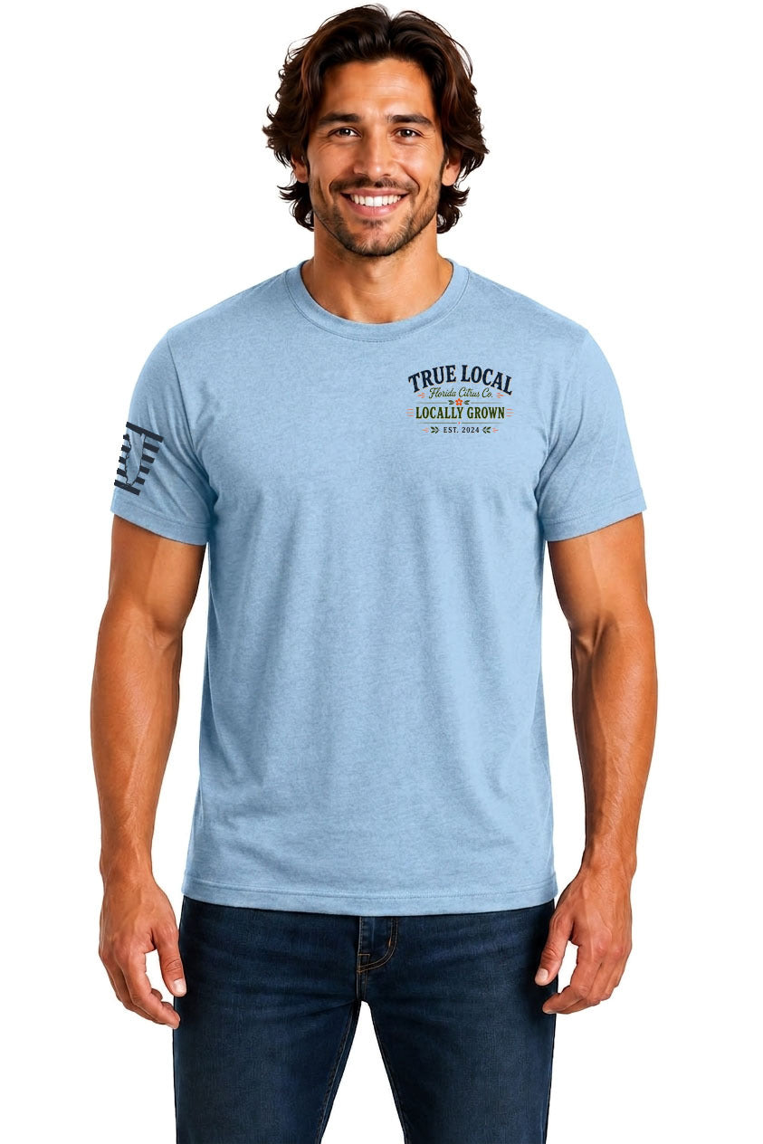 True Local Florida Citrus Co t-shirt front — Locally Grown Est 2024 chest logo