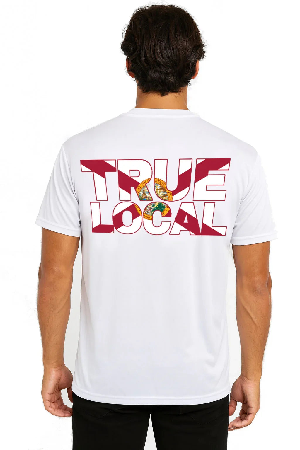 White True Local t-shirt with bold red graphic back design, Florida-themed apparel for local pride.