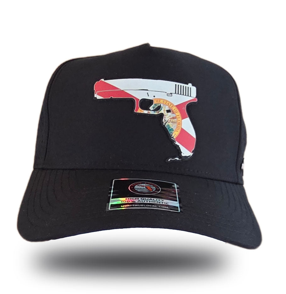 Florida Gun Hat Black front – Florida-shaped gun patch Second Amendment snapback cap