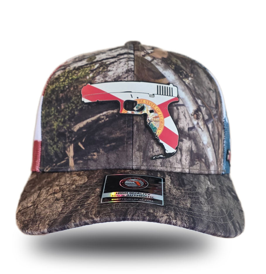 Camouflage trucker hat with Florida flag gun graphic, bold local pride apparel for Florida community