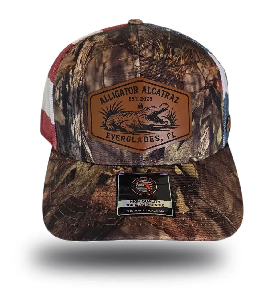 Camouflage trucker hat with 'Alligator Alcatraz Everglades, FL' patch, Florida-themed apparel