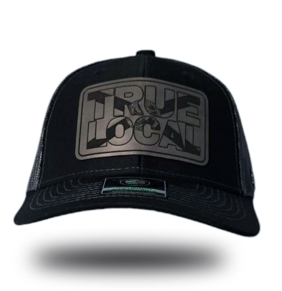 True Local patch hat, Black front, Black mesh back, Charcoal grey leatherette