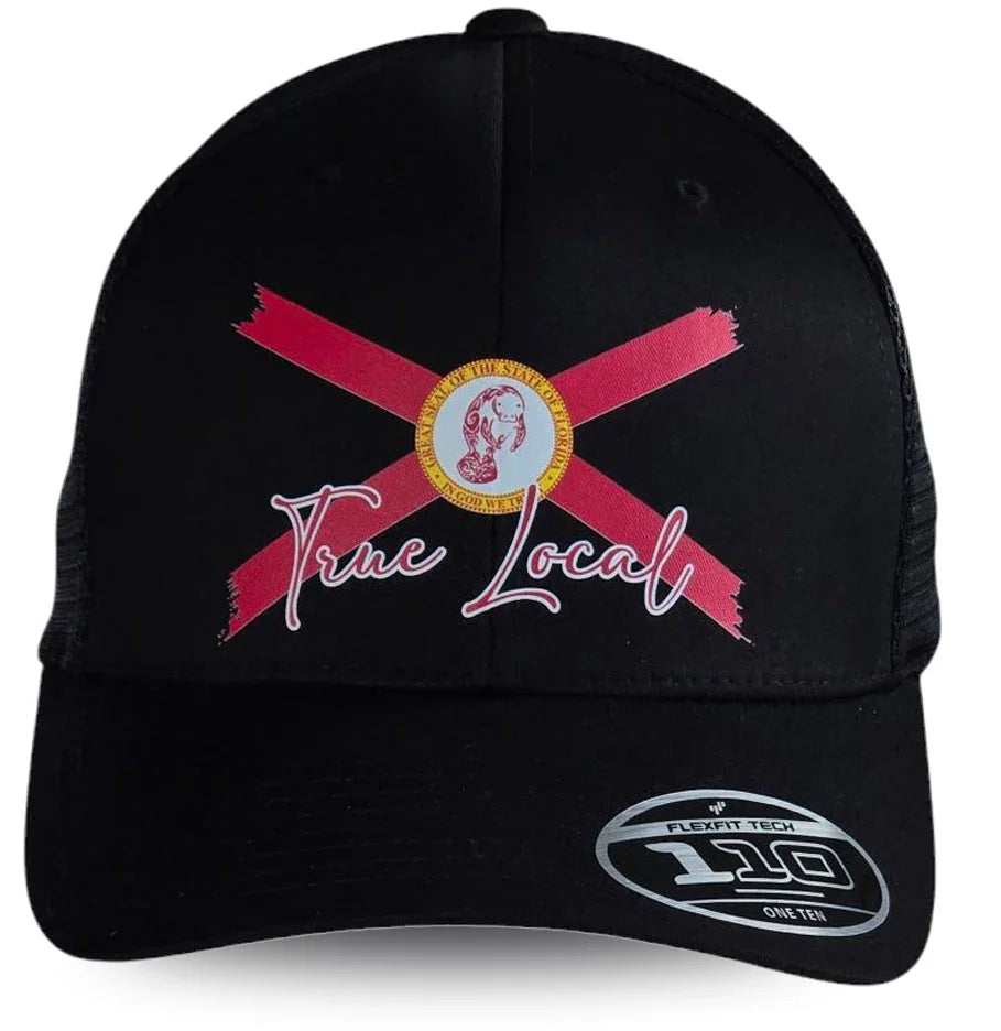 Black True Local trucker hat with Florida flag design and Flexfit tech, celebrating local Florida pride