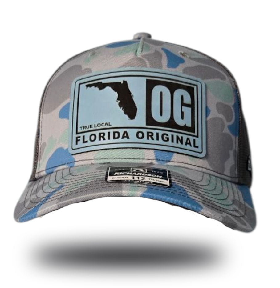 Florida OG patch hat, Duck Camo front, Grey mesh back, Light Blue leatherette