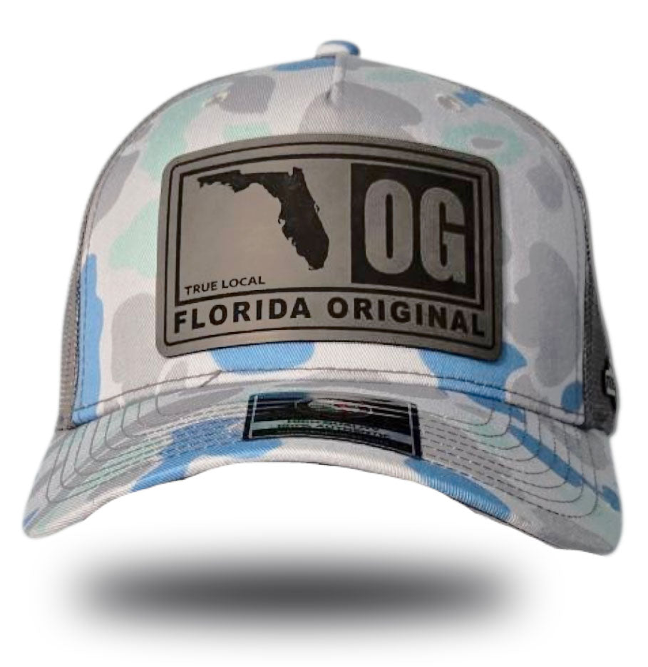 Florida OG patch hat, Duck Camo front, Grey mesh back, Charcoal Grey leatherette
