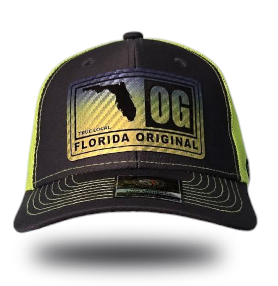 Florida OG patch hat, Charcoal Grey front, Neon Yellow mesh back, Mahi Mahi leatherette