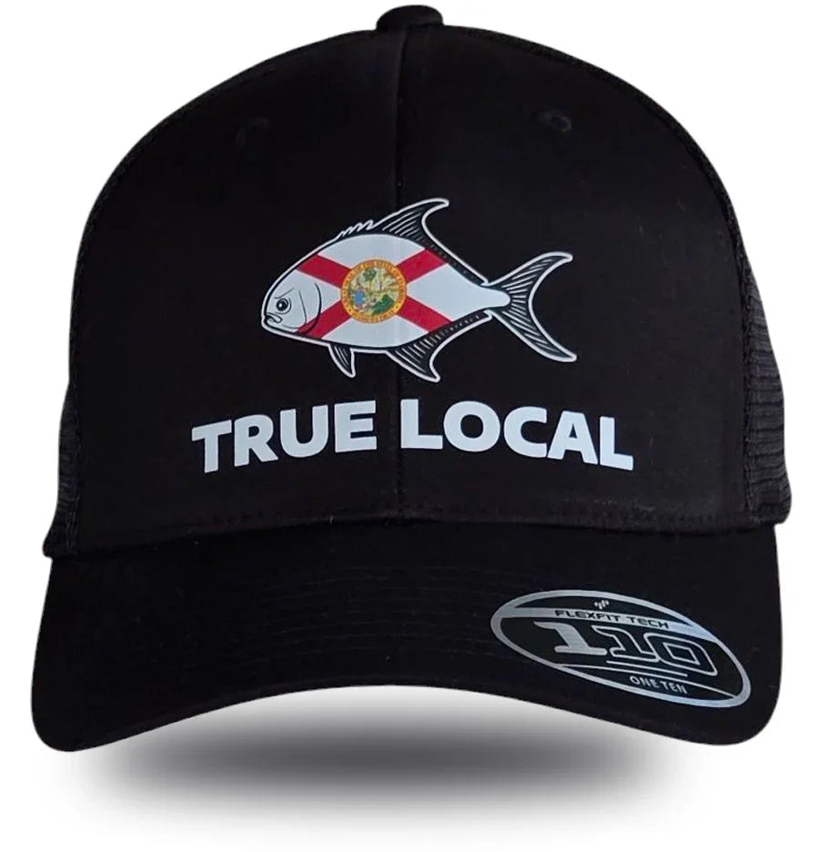 Black True Local hat with Florida flag fish design, bold local pride apparel