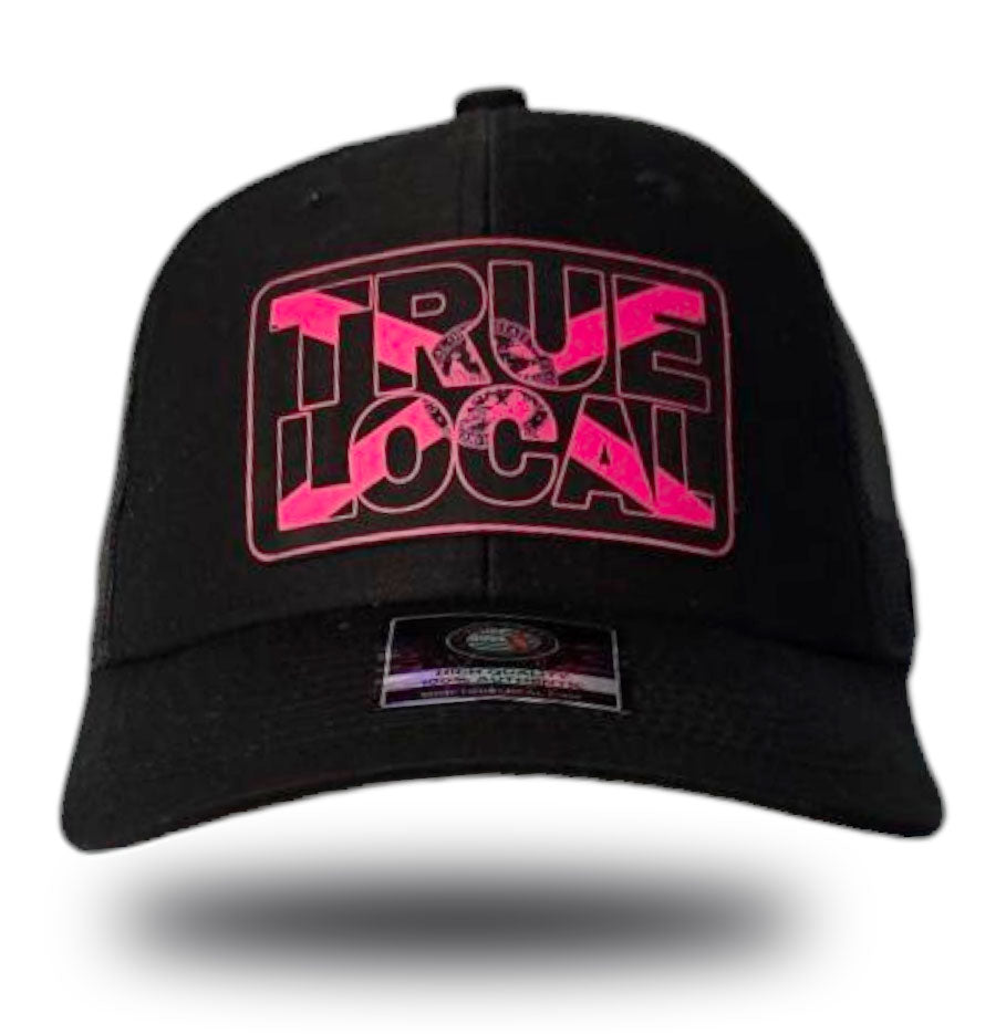True Local patch hat, Black front, Black mesh back, Neon Pink leatherette