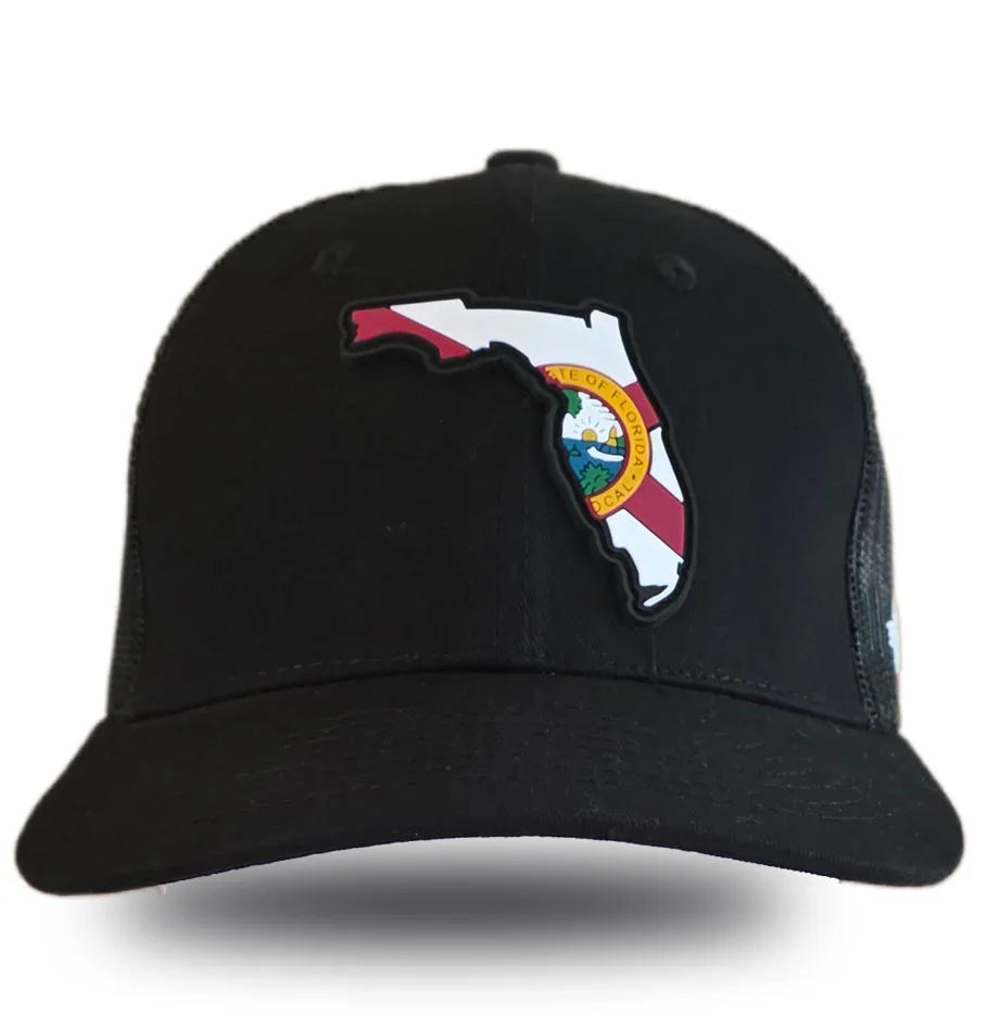 Florida Proud PVC patch trucker hat front – Florida state outline flag hat Black snapback