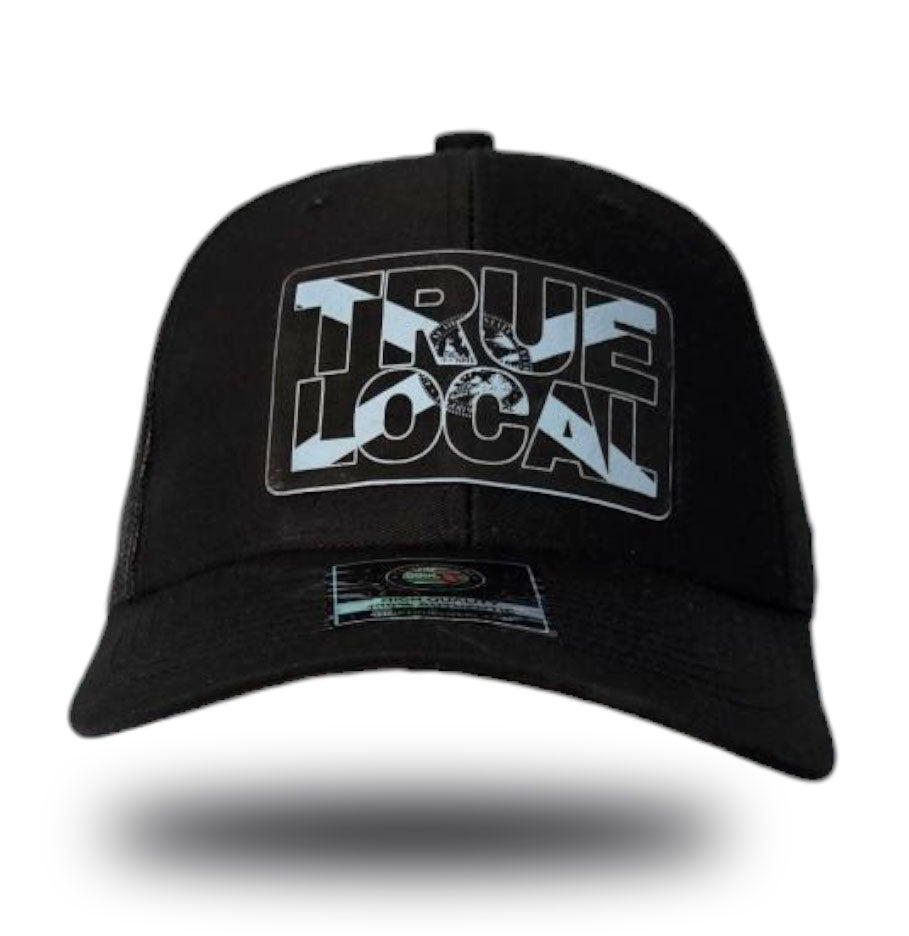 True Local patch hat, Black front, Black mesh back, Light Blue leatherette