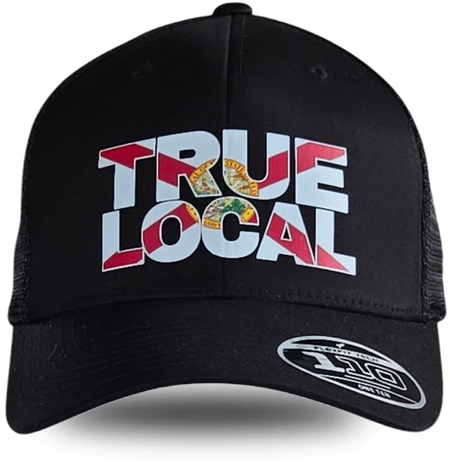 Black trucker hat with 'TRUE LOCAL' graphic in Florida flag colors, bold streetwear style
