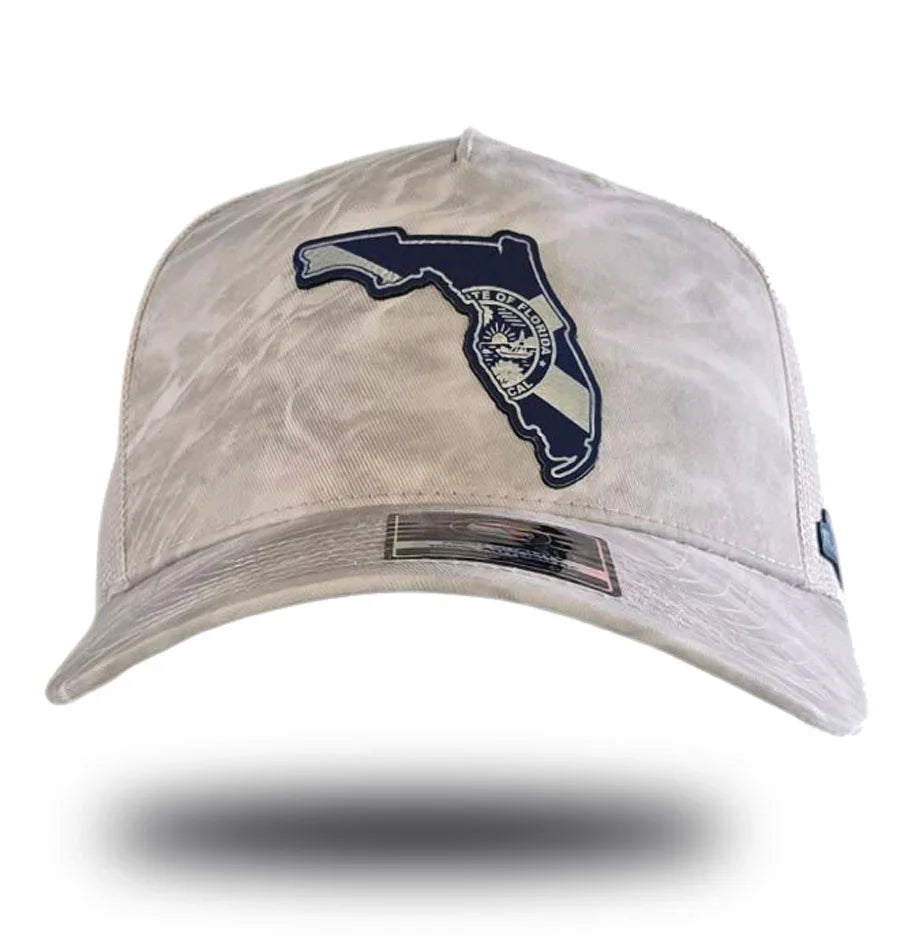 Florida Proud ocean grey hat side view – engraved leather patch Sunshine State snapback
