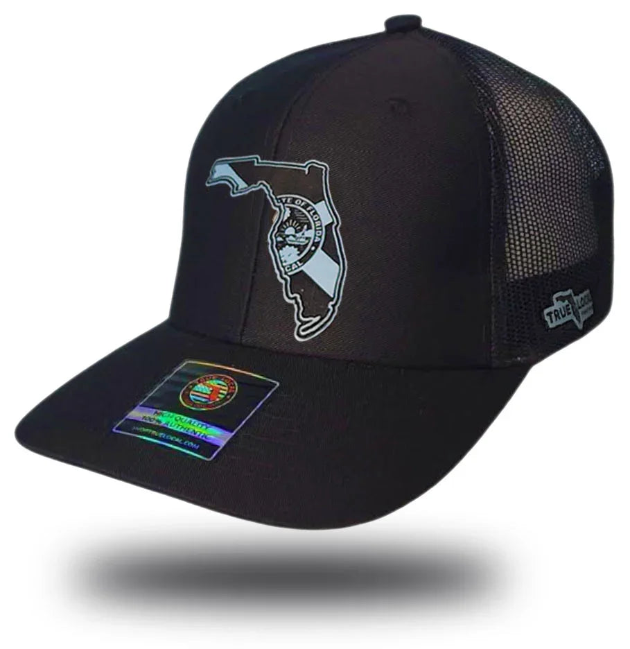 Sunshine State leather patch hat sky blue on black – Florida Proud trucker snapback cap