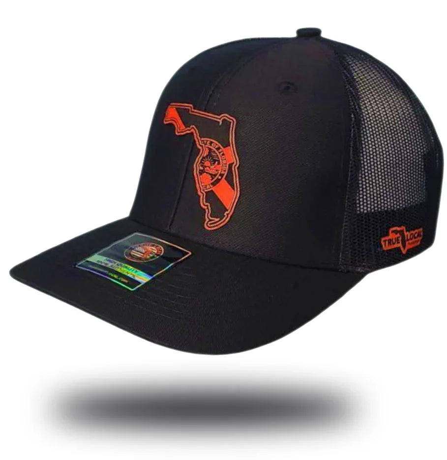 Florida Proud black trucker hat with neon orange leather patch – Florida state outline snapback