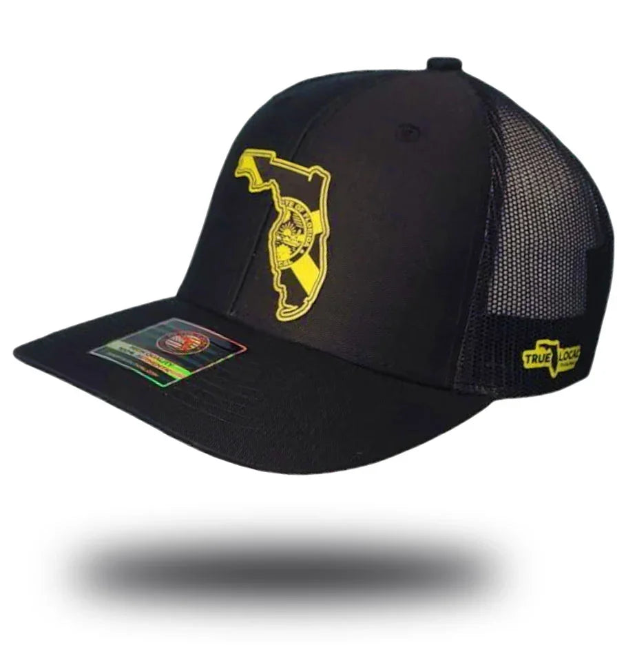 Sunshine State neon yellow leather patch hat on black – Florida Proud trucker snapback cap