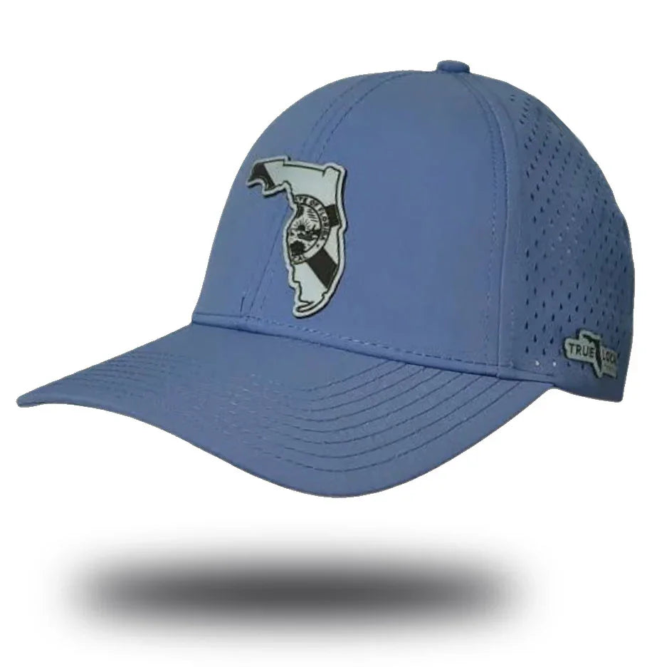 Florida flag hat blue trucker with sky blue leather patch – Florida state outline snapback