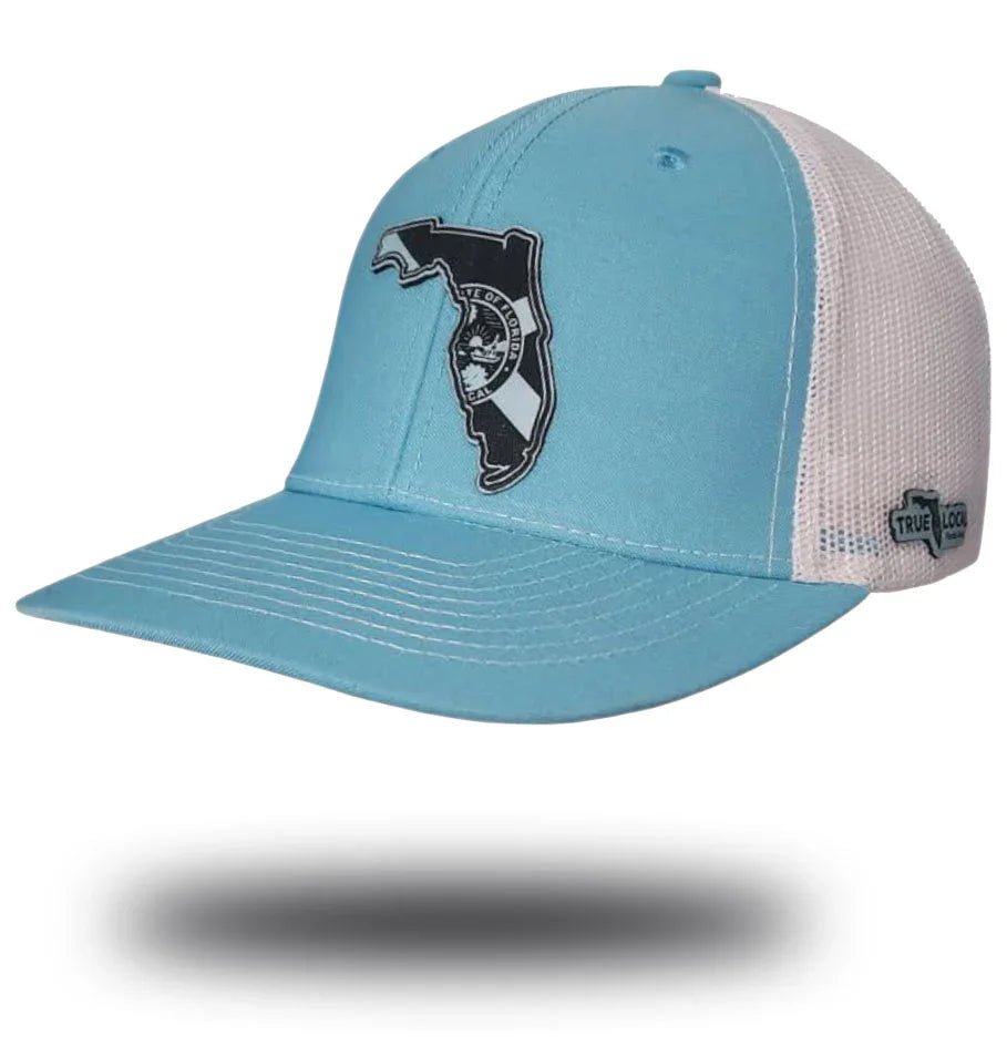 Florida state outline sky blue leather patch trucker hat – Sunshine State monochrome snapback