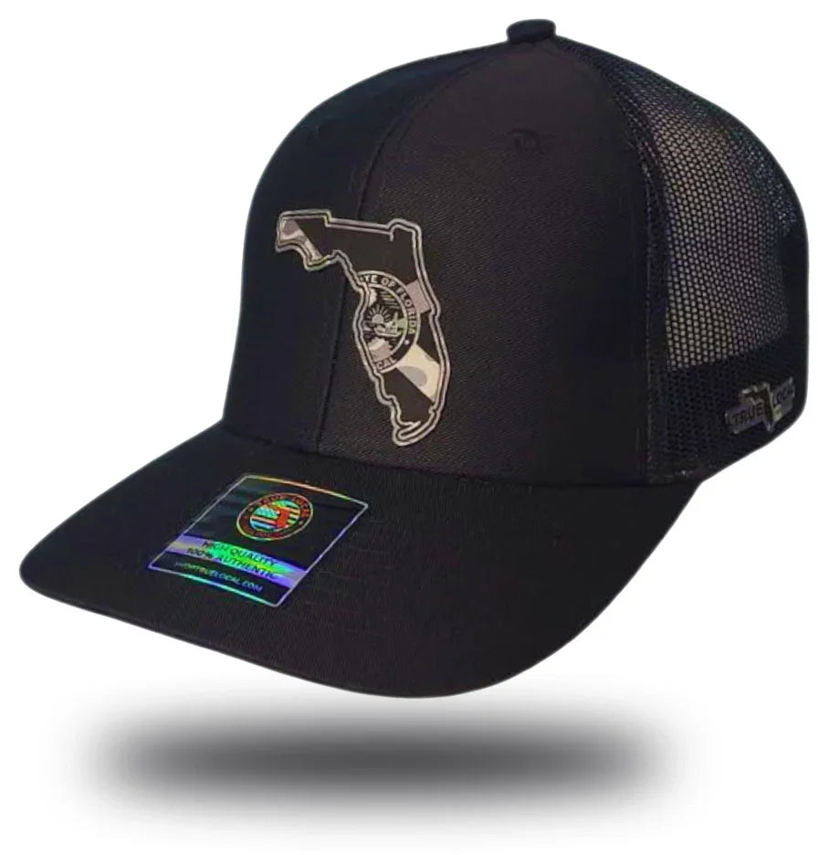 Florida Proud black hat with camo leather patch – Florida state outline engraved trucker cap