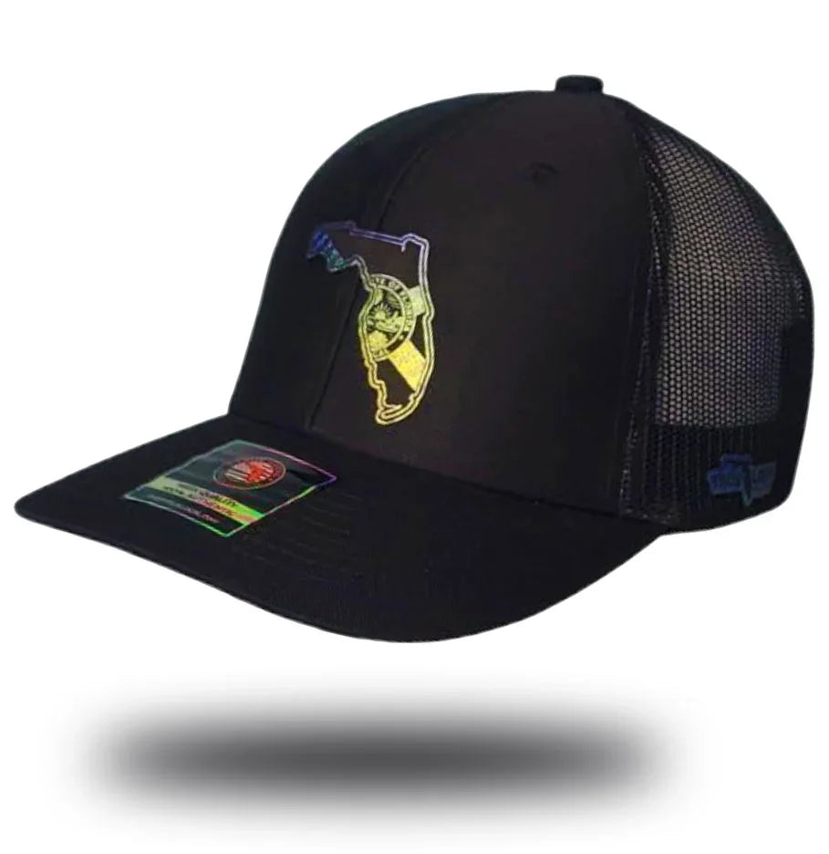 Florida mahi mahi fishing hat – leather patch trucker cap with Florida state outline