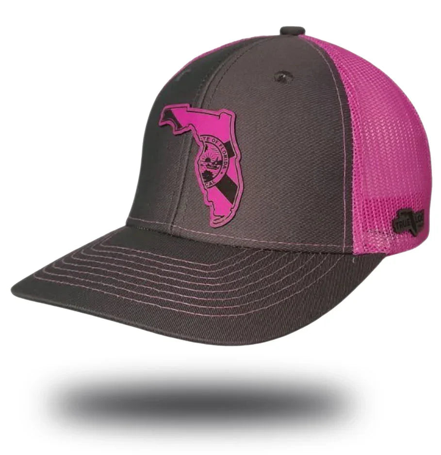 Florida Proud grey and pink trucker hat with neon pink leather patch – women's Florida snapback