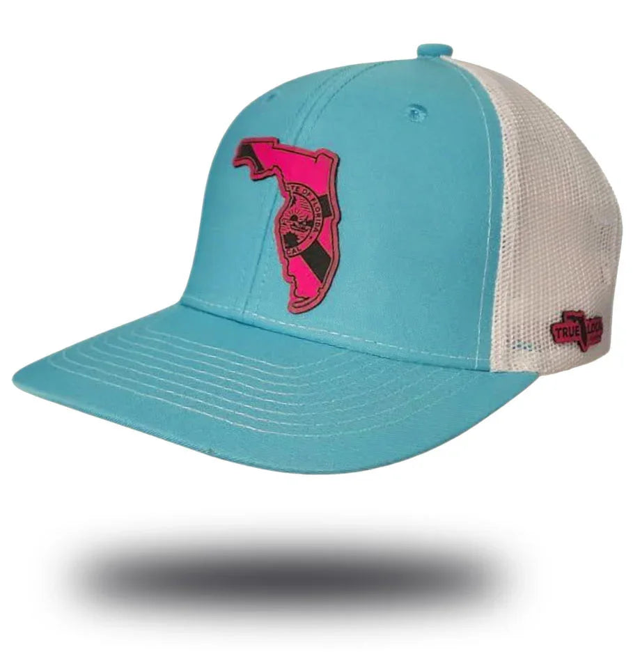 Florida pride sky blue trucker hat with neon pink leather patch – Sunshine State beach snapback